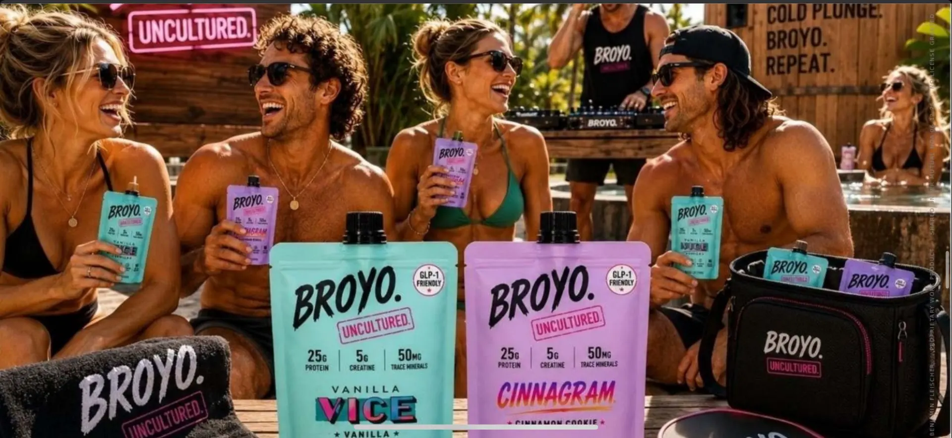 Friends enjoying Broyo pouches together after a cold plunge